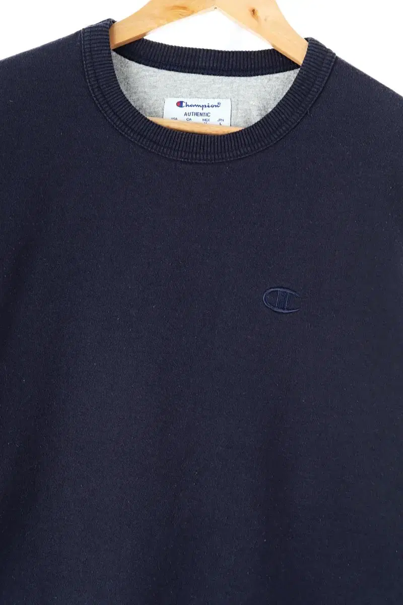 (M-L) Champion Man-to-Man T-Shirt Navy Cotton Old School - AEE0