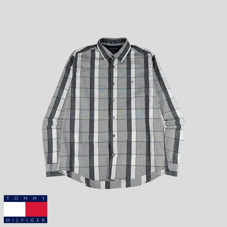 Tommy Hilfiger charcoal grey gingham check striped pattern stretch new fit cotton horn