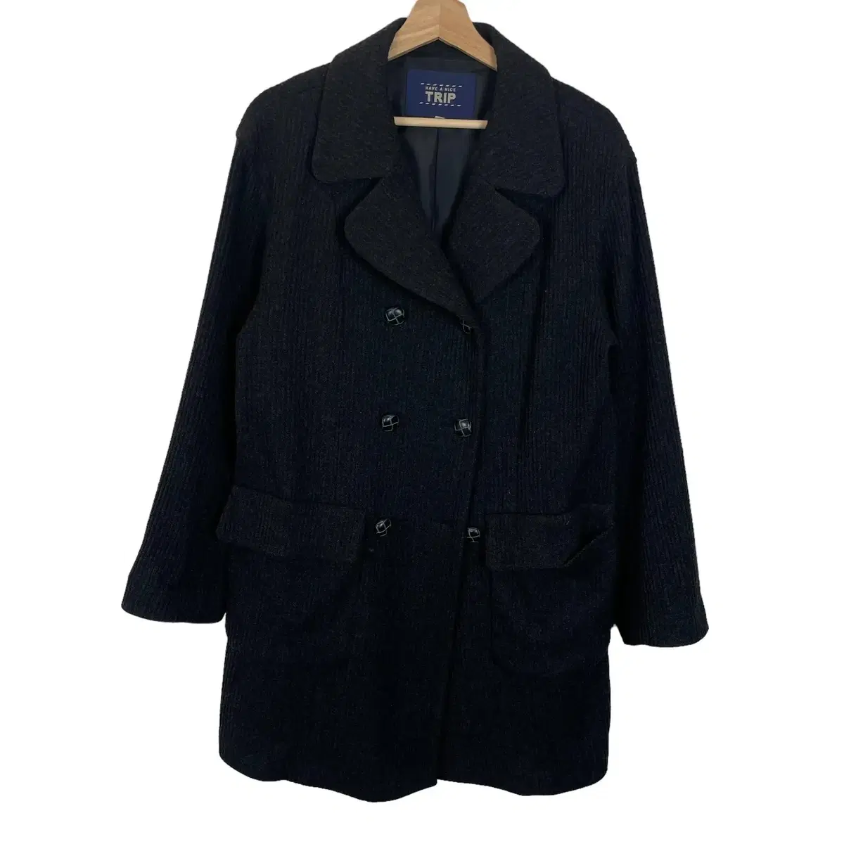 Have a nice trip Waffle-button dark gray double wool coat