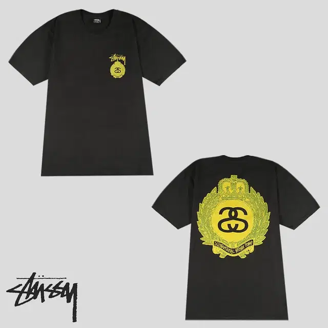 STUSSY 스투시 블랙 더블SS 크라운 프린팅 스트릿 코튼100 반팔