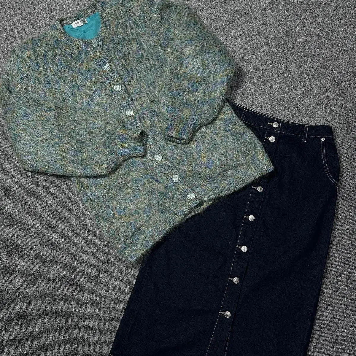 Vintage Knit Cardigan Long Jeans Skirt Coordinating Set