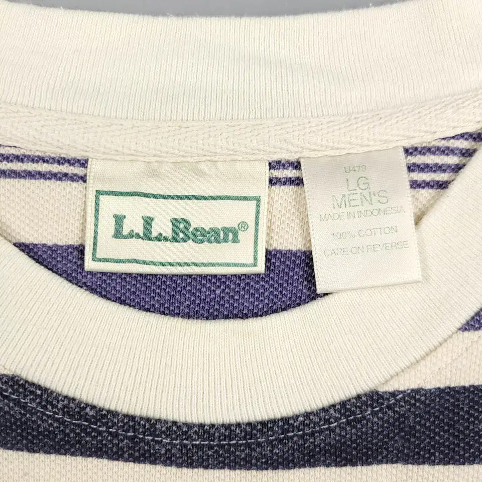 LLBEAN 엘엘빈 아이보리 퍼플 스트라이프 아메카지 코튼100 반팔 티