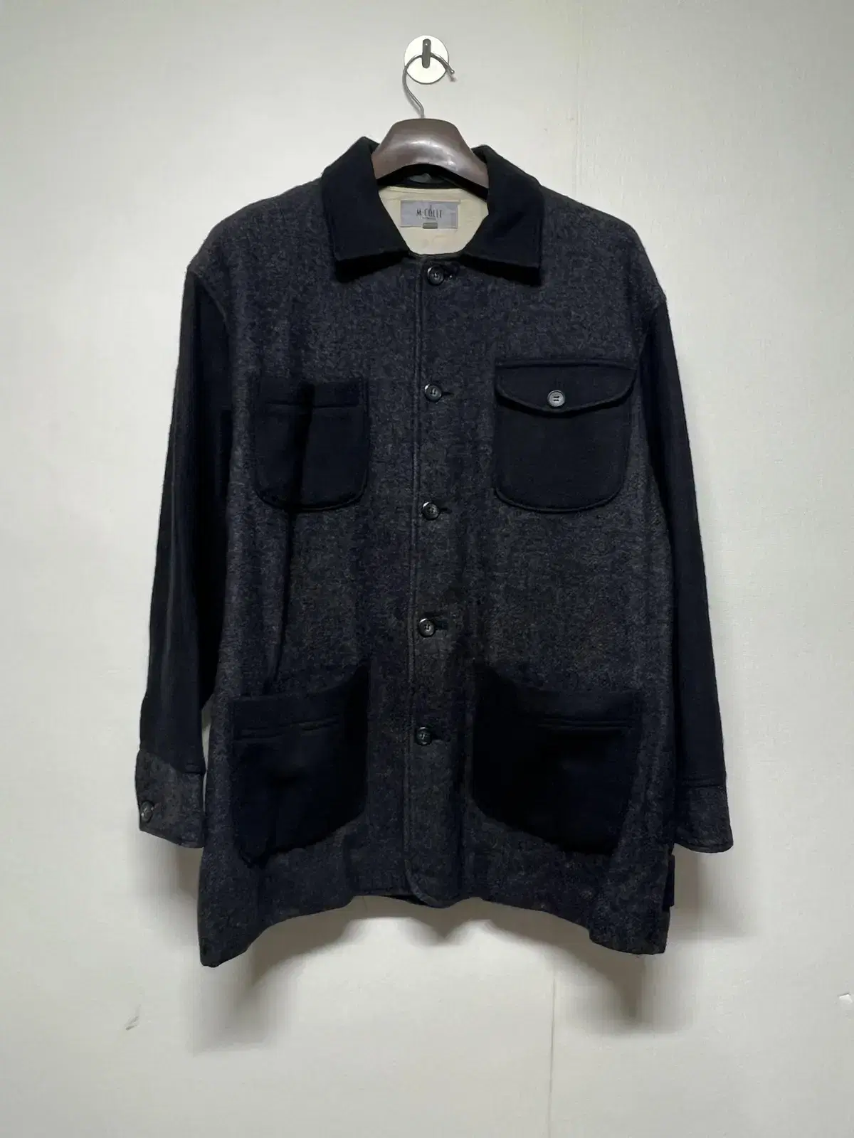 Men's L about tone-on-tone wool pocketed semi overcoat