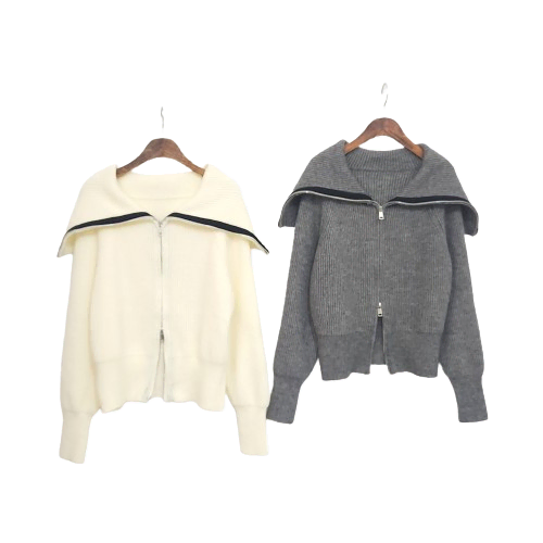 Two-way sailor big kara knit zip-up cardigan ivory gray