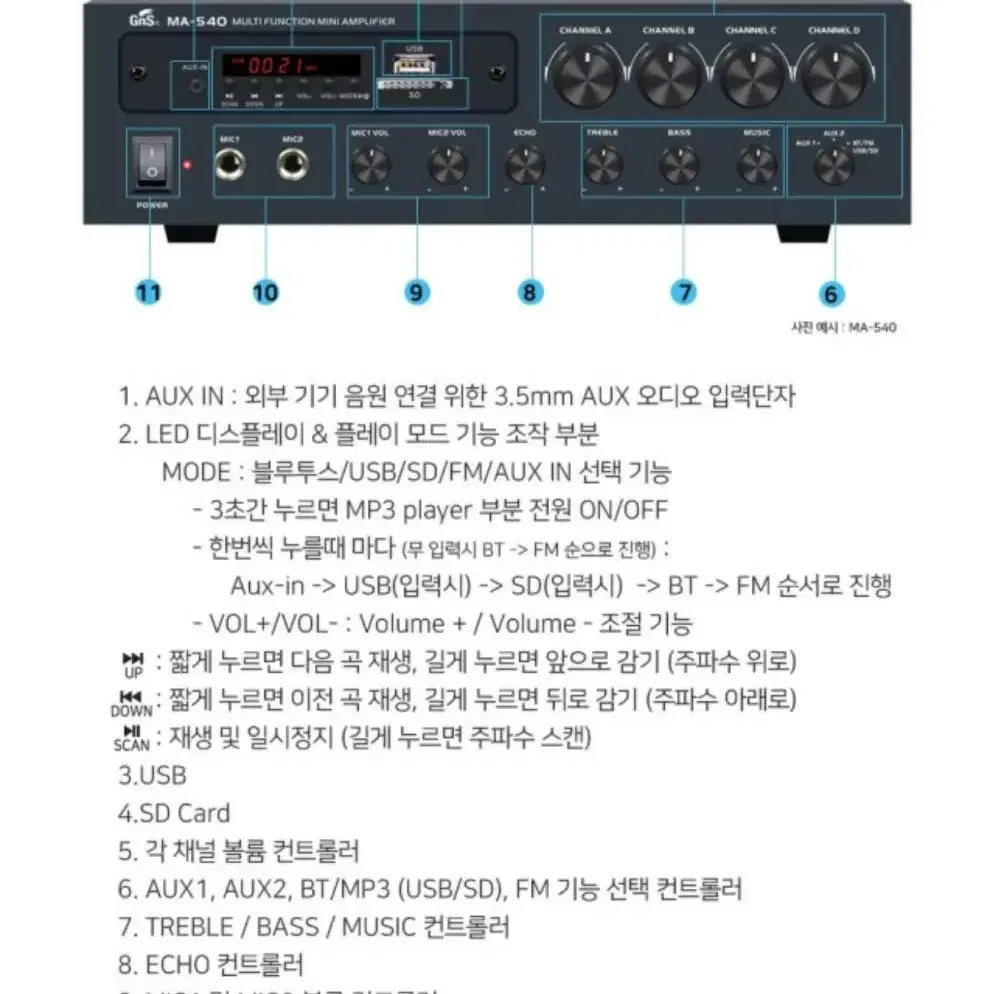 GNS MA-540 4채널 80W x 4 블루투스 미니앰프