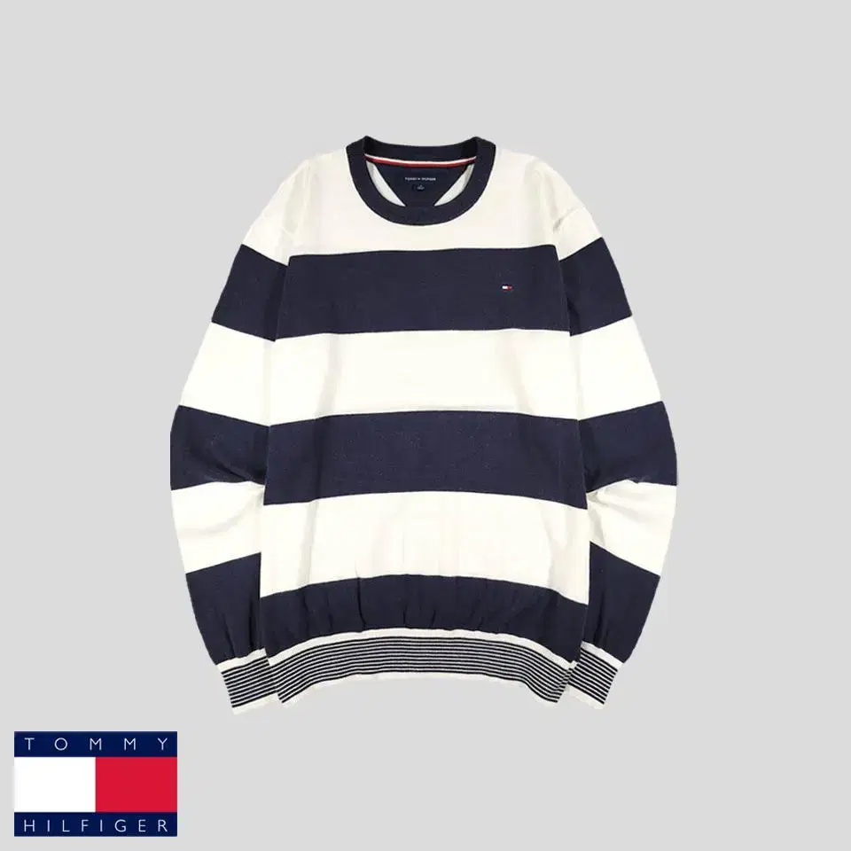 Tommy Hilfiger Navy White Striped TommyLogo Cotton100 Roundneck Knit M