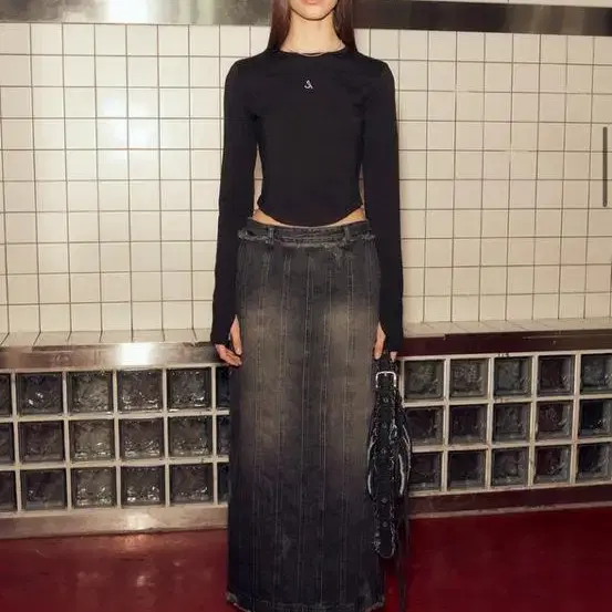 애프터 아워즈 DENIM PANELLED LONG SKIRT (BLACK