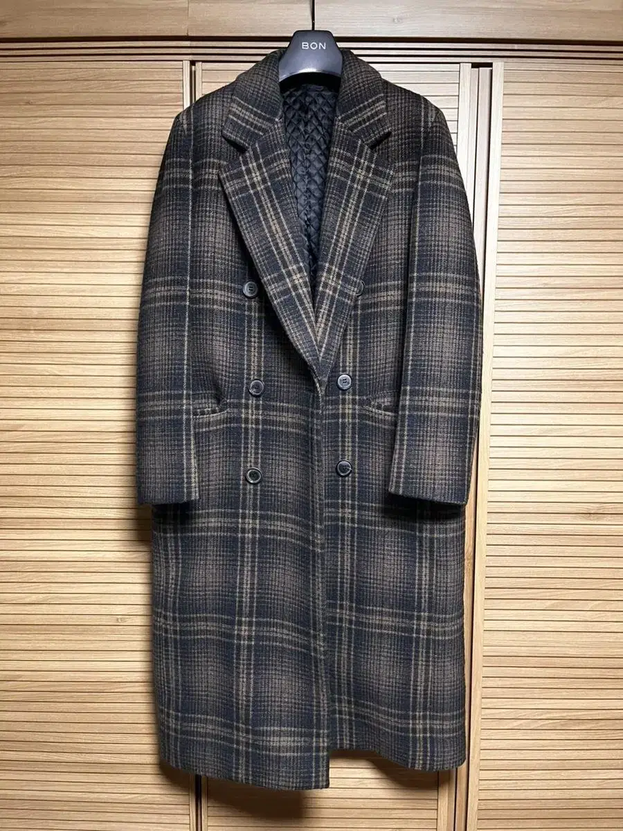 BON Check Double Long Coat L (New)