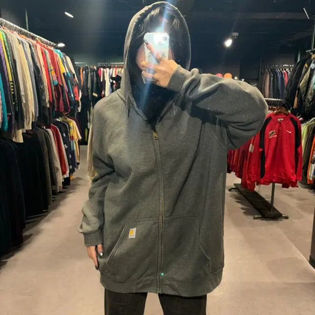 CARHARTT 칼하트 그레이 오리지널핏 로고 포인트 후드집업 (2XL)