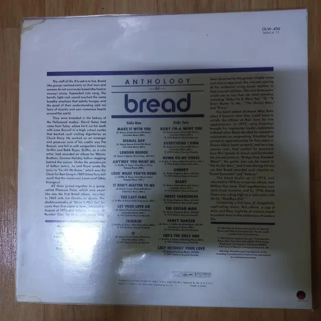 Lp중고 브래드 bread - ANTHOLOGY 음반 판매합니다.