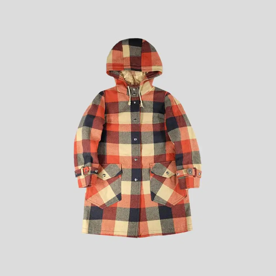 JUDY ANN Orange-navy plaid amecaji wool100 hooded coat WO