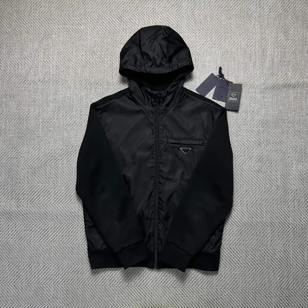 {M} Prada Rina Nylon triangle logo hooded zip-up jacket