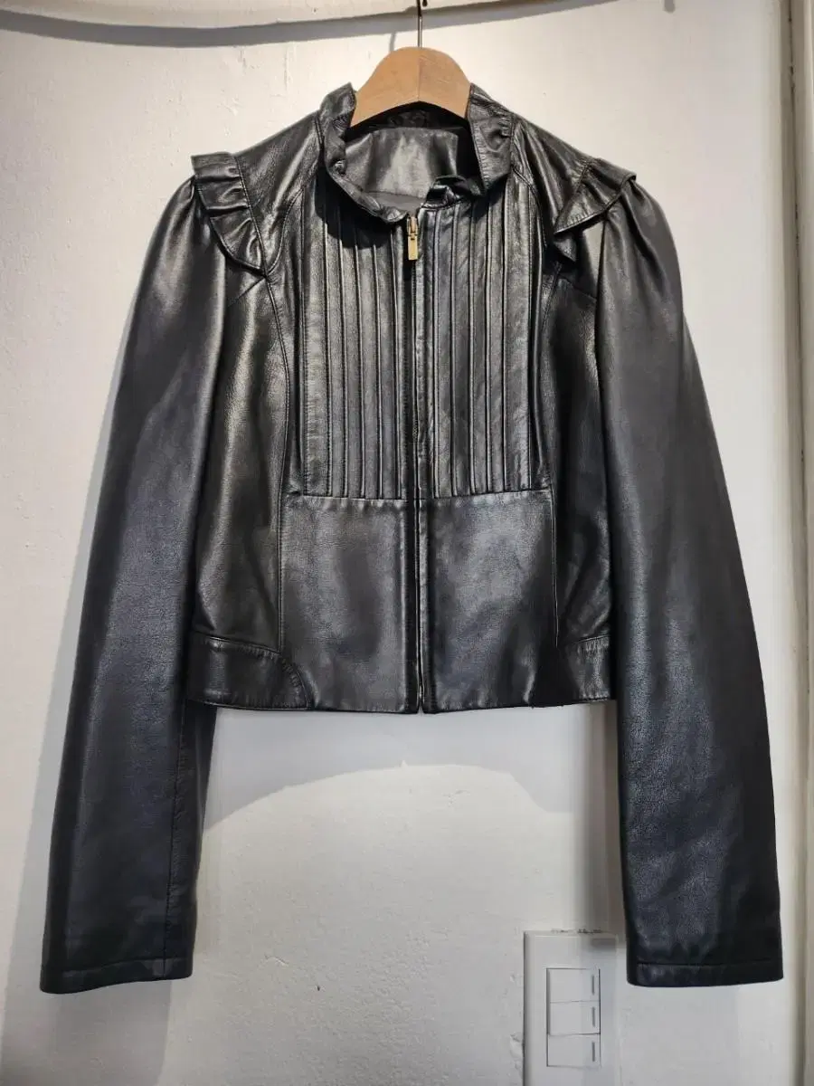 Ruffled Semi Cropped Real Leather Jacket