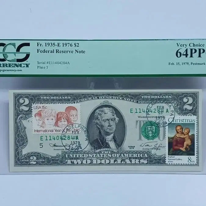 1976년 미국 E기호 행운의 2달러 스탬프 PCGS 64PPQ  화폐