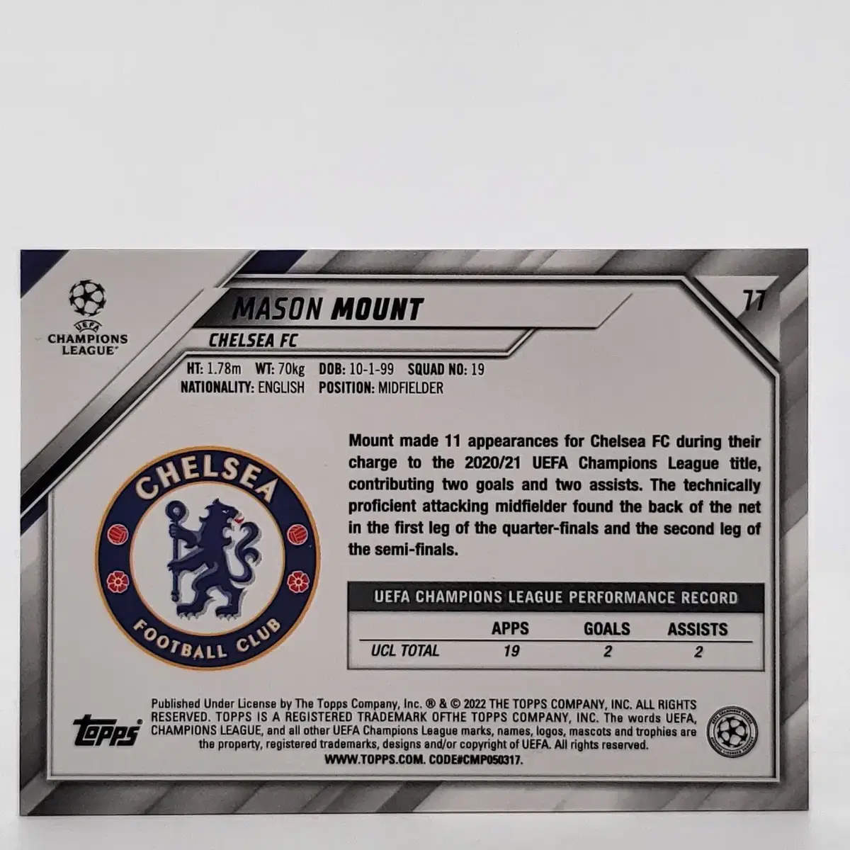 첼시FC 메이슨 마운트 (MASON MOUNT) 2022 TOPPS CH