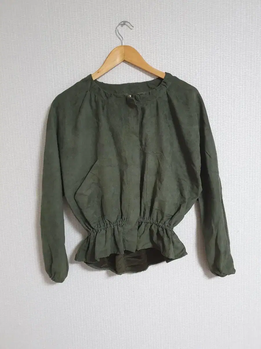 Khaki zip-up shirred blouse jumper