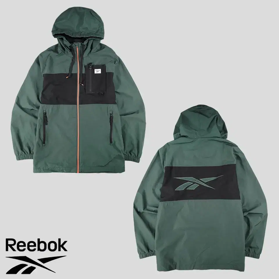 Reebok Khaki Black Colorblocked Reflective Logo Patch Ripstop Hooded Windbreaker XL