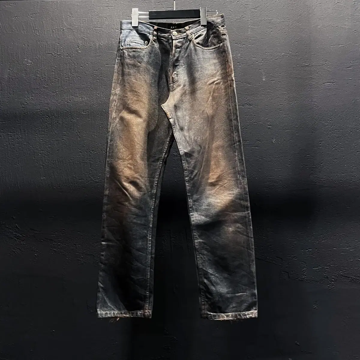 Distressed mid-blue wash detail coated straight leg denim pants