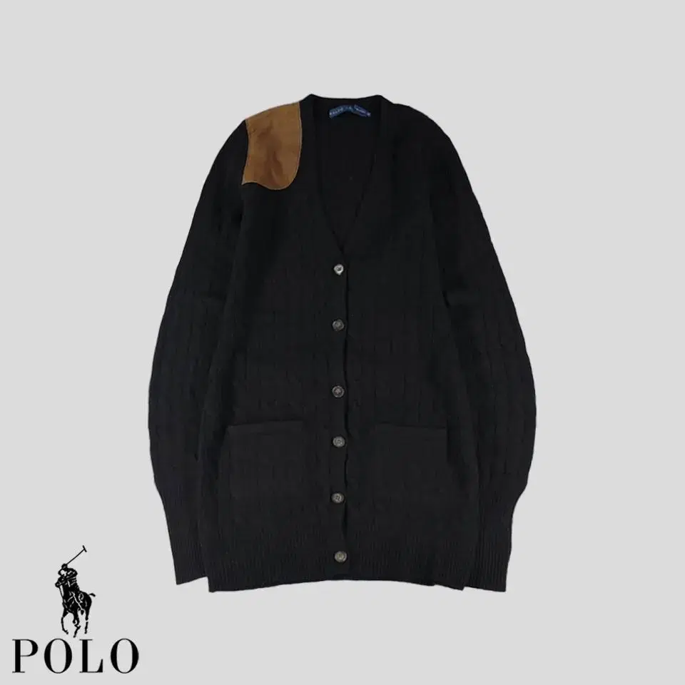 Polo Ralph Lauren Black Suede Patch Cablepattern V-Neck Wool Cashmere Button Long Ga