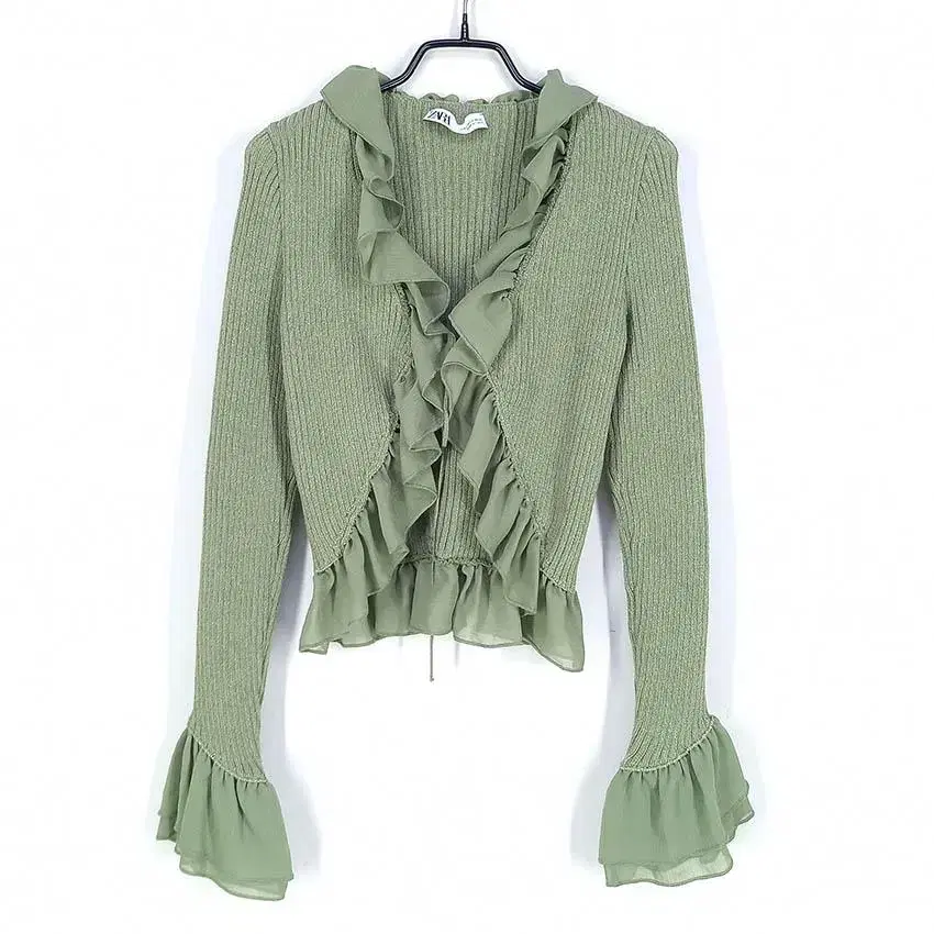 Zara Women's Chiffon Frill Strappy Short Knit Cardigan Green (HU29414)