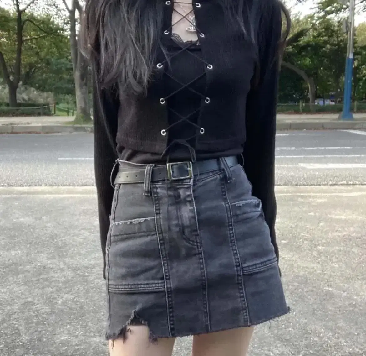 Damage Cutting Slit Black-blue Mini Skirt/No Flaws/No Misshapen