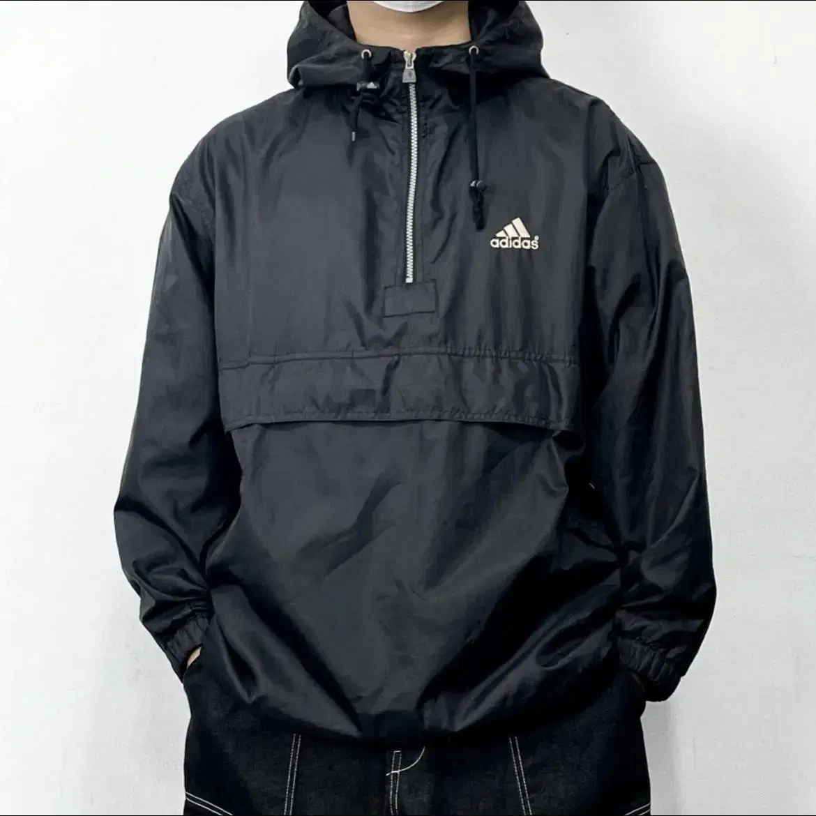 adidas Big Logo Black Oversized Hooded Anorak Jacket