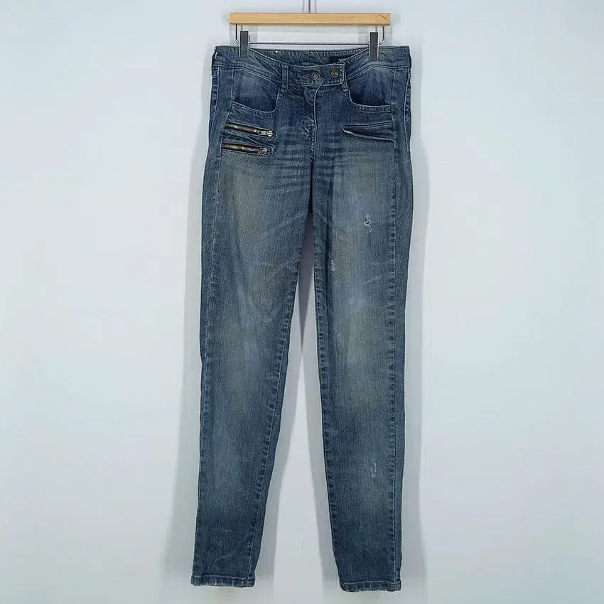 System Yeo Zipper Decoration Stain Decoration Misses' Pants Skinny Jeans Medium Blue (HU21823)