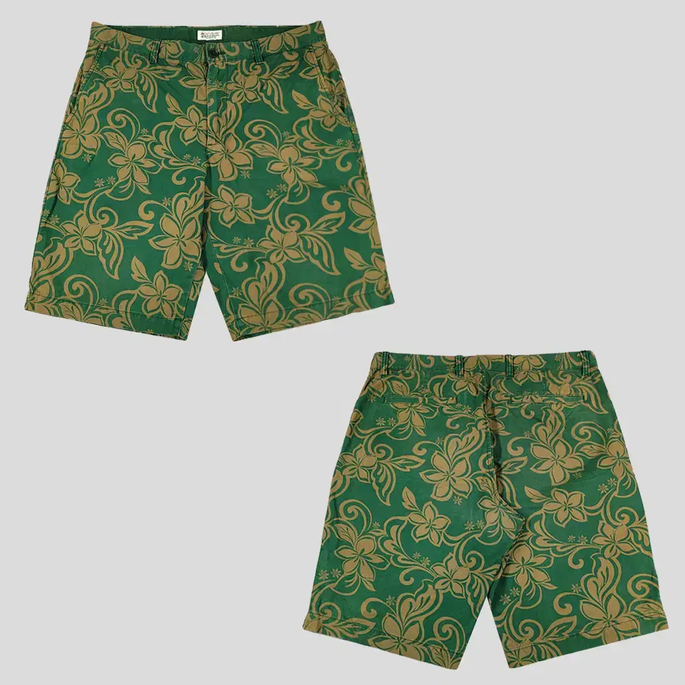 Uniqlo Deep Green Beige Flower Pattern Hawaiian Cotton100% Cotton Vahn Half Pants