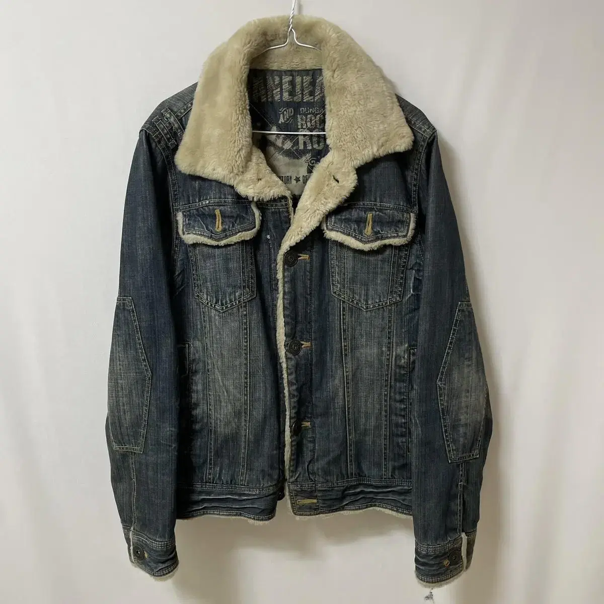 [ XL ] Sheon Zone USA Old School Damage Wash Fleece Jeans Jacket