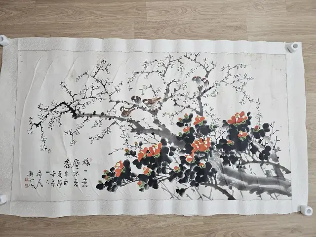 오래된동양화 야정 화조도 낙질 125x68cm