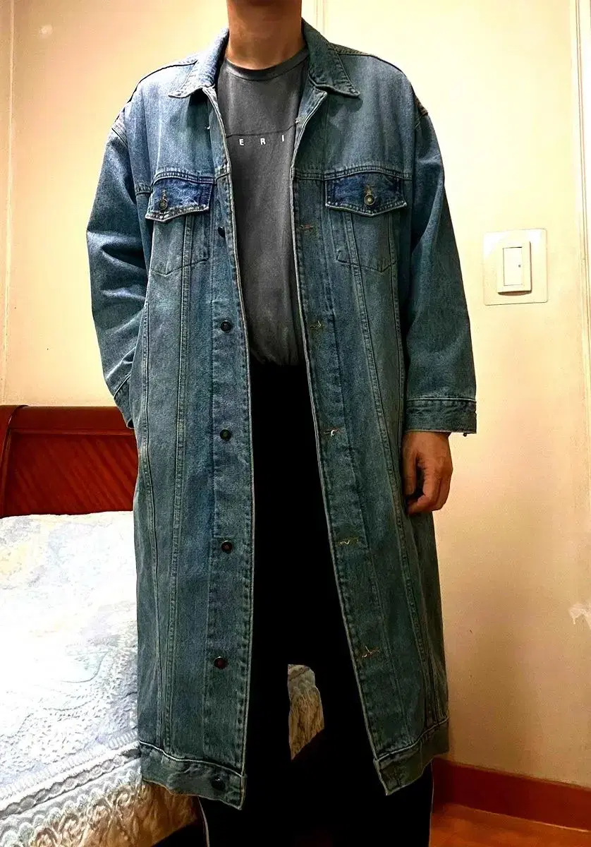 Domestic brand jin blue denim single long coat