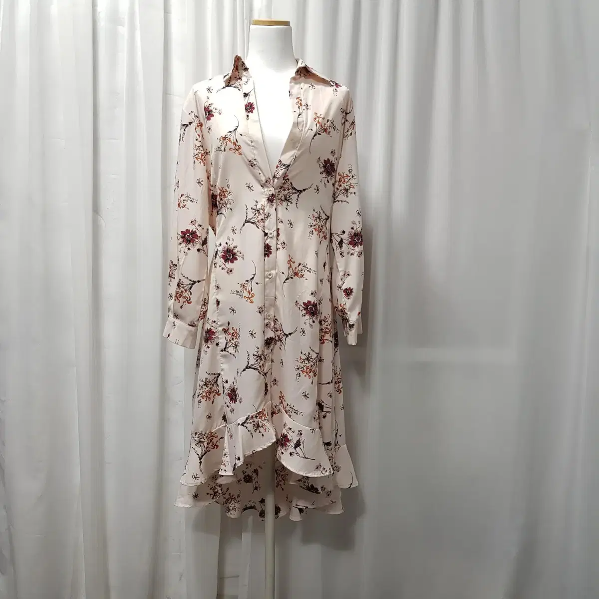 Vintage V-neck floral pattern ruffle unbalanced flare long sleeve long ONEPIECE WF D67