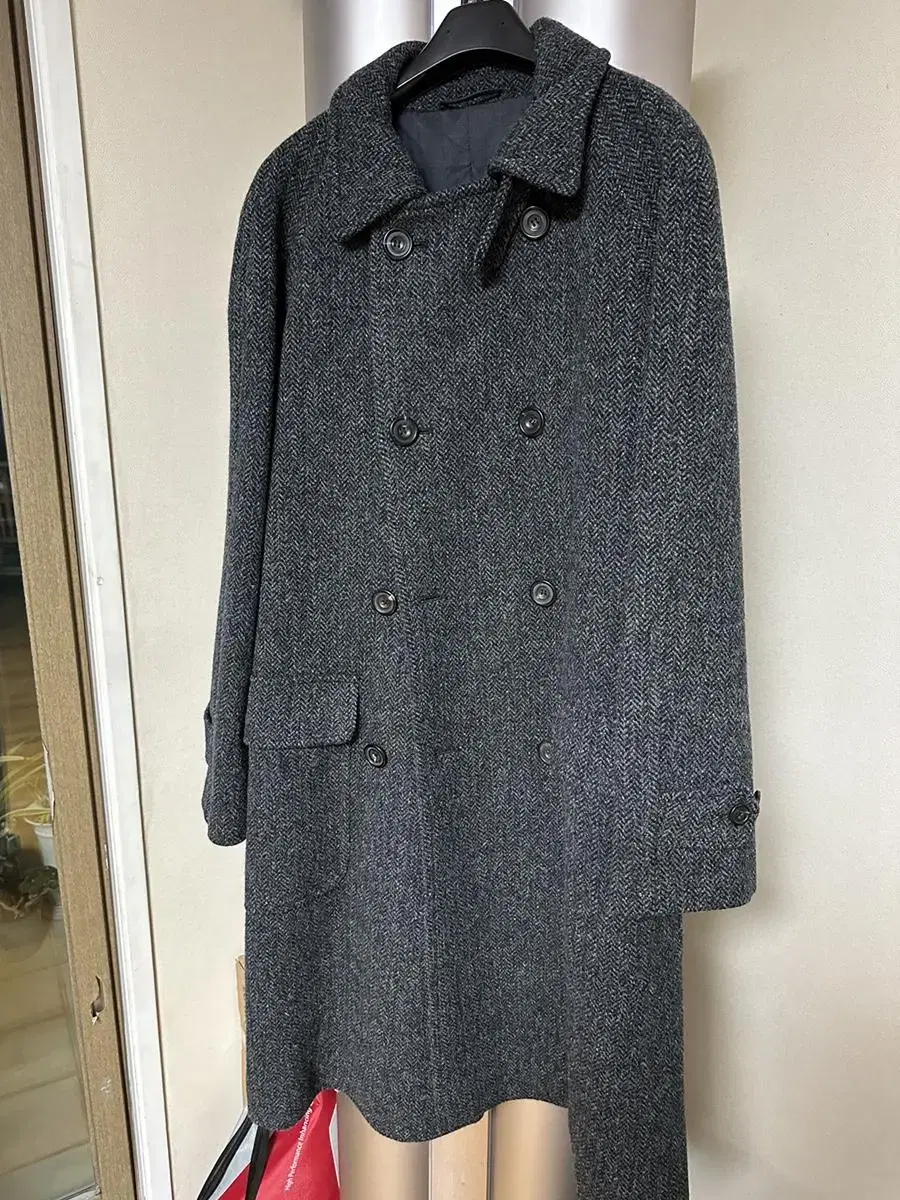 Drake's Drexel Gray Herringbone Wool Double-breasted Long Wool Coat