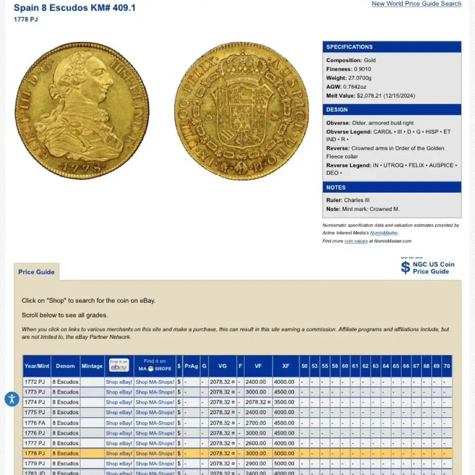 PCGS 1773년 스페인 카를로스 3세 8에스쿠도 AU55 금화