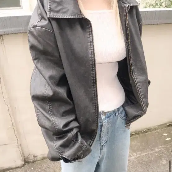 아워캐비넷 lotus leather jacket 그레이색상