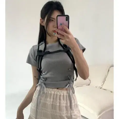 루루서울 Ribbon Eyelet Top (Gray)