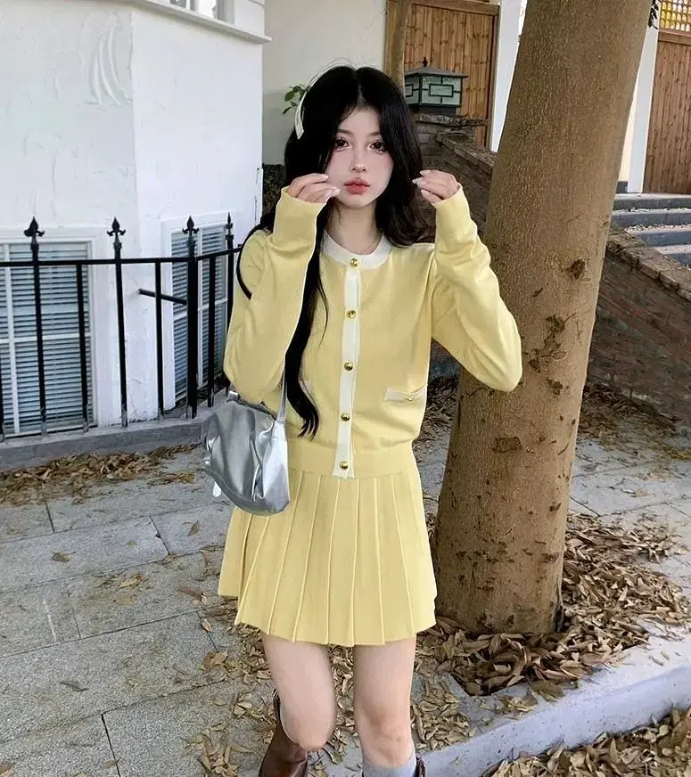 [3Color] Knit Two-Piece Lemon Teen Two-Piece Dey Coordination Set Cardigan Tennis Skirt