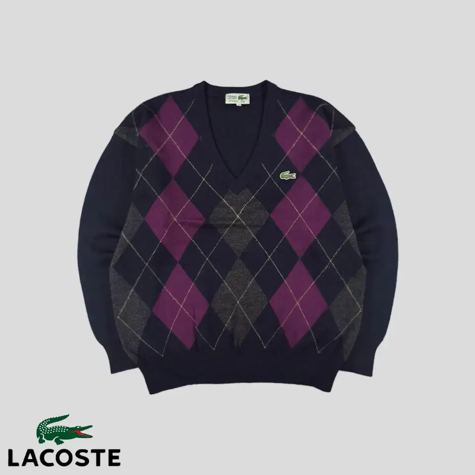 Lacoste Seogwang 90s Deep Navy Purple Argyle Check Crocodile Patch 100% Wool V-Neck