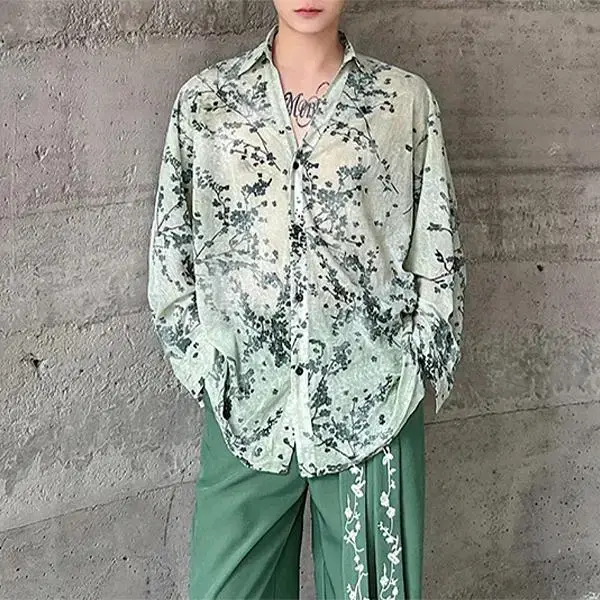 MenFlower Shirt Men's V-Neck Shirt Flower Green