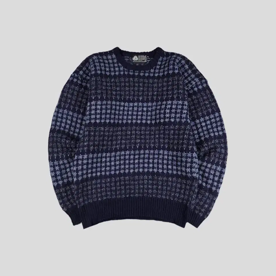 Vintage Navy Bloo Houndstooth Check Stingray Fit 100% Wool Knit Sweater