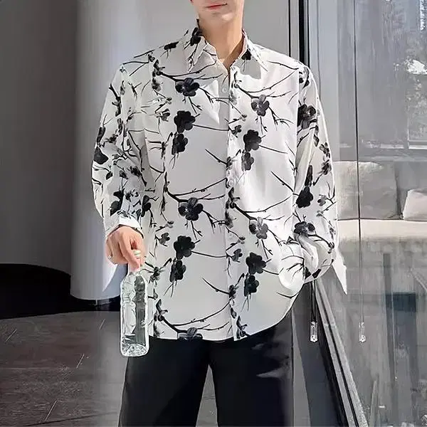 MenHawaiianShirtMenFlower ShirtOverfitLoose FitShirt WhiteBlack