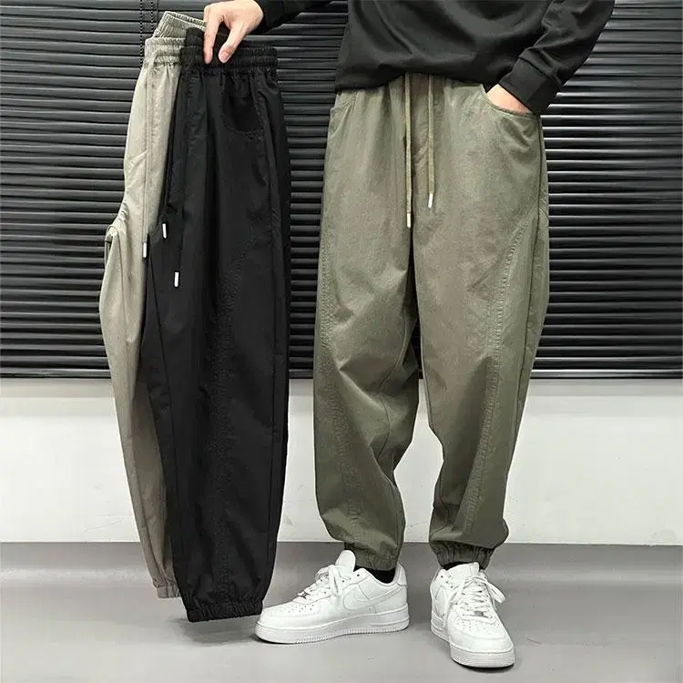 Men's Banded Washed Cotton Wide-leg Pants