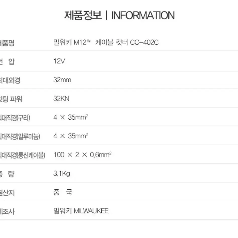 밀워키 충전공구 케이블컷터 12V C12 CC-402C [새상품]