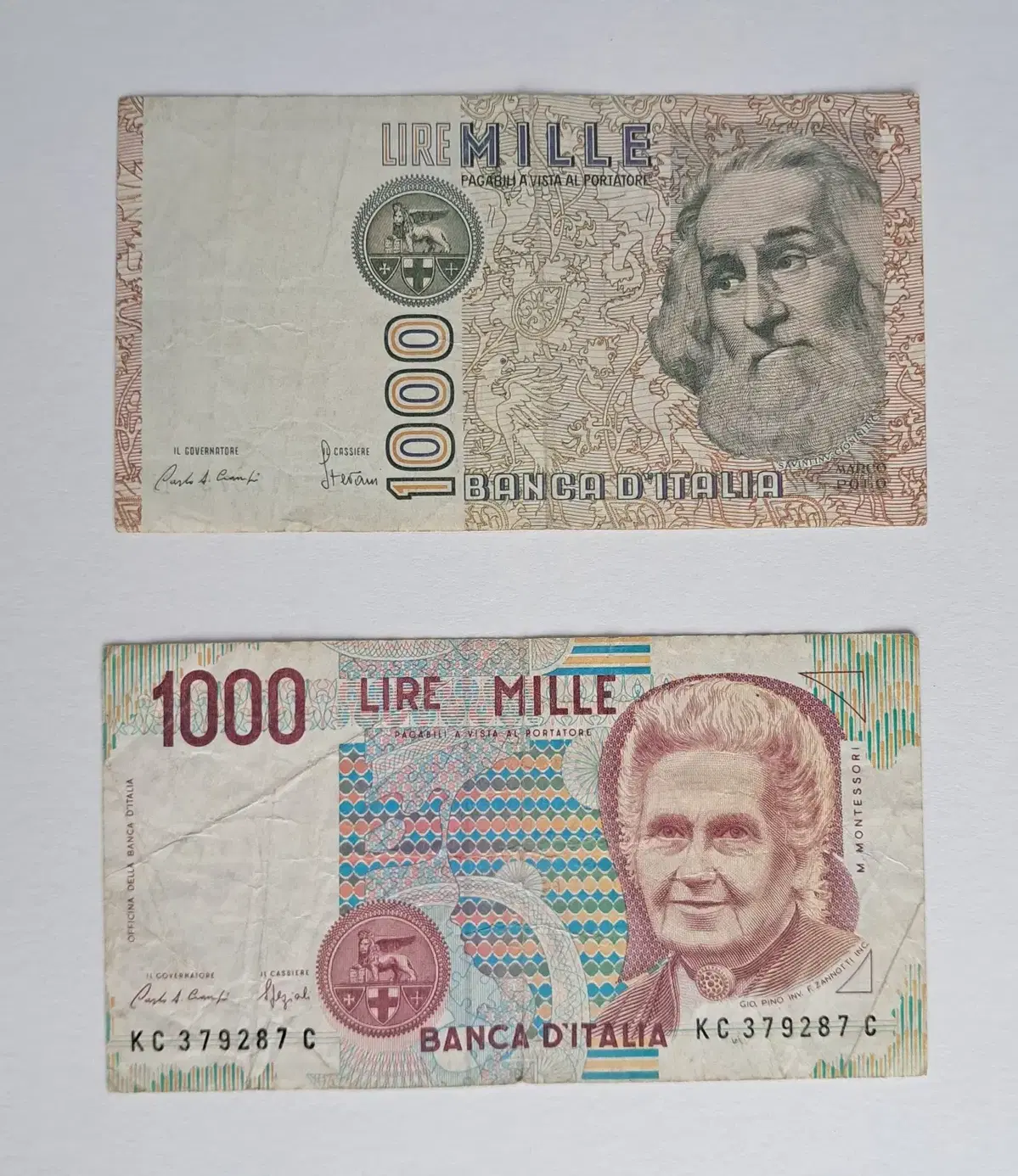 Two types of Italian currency