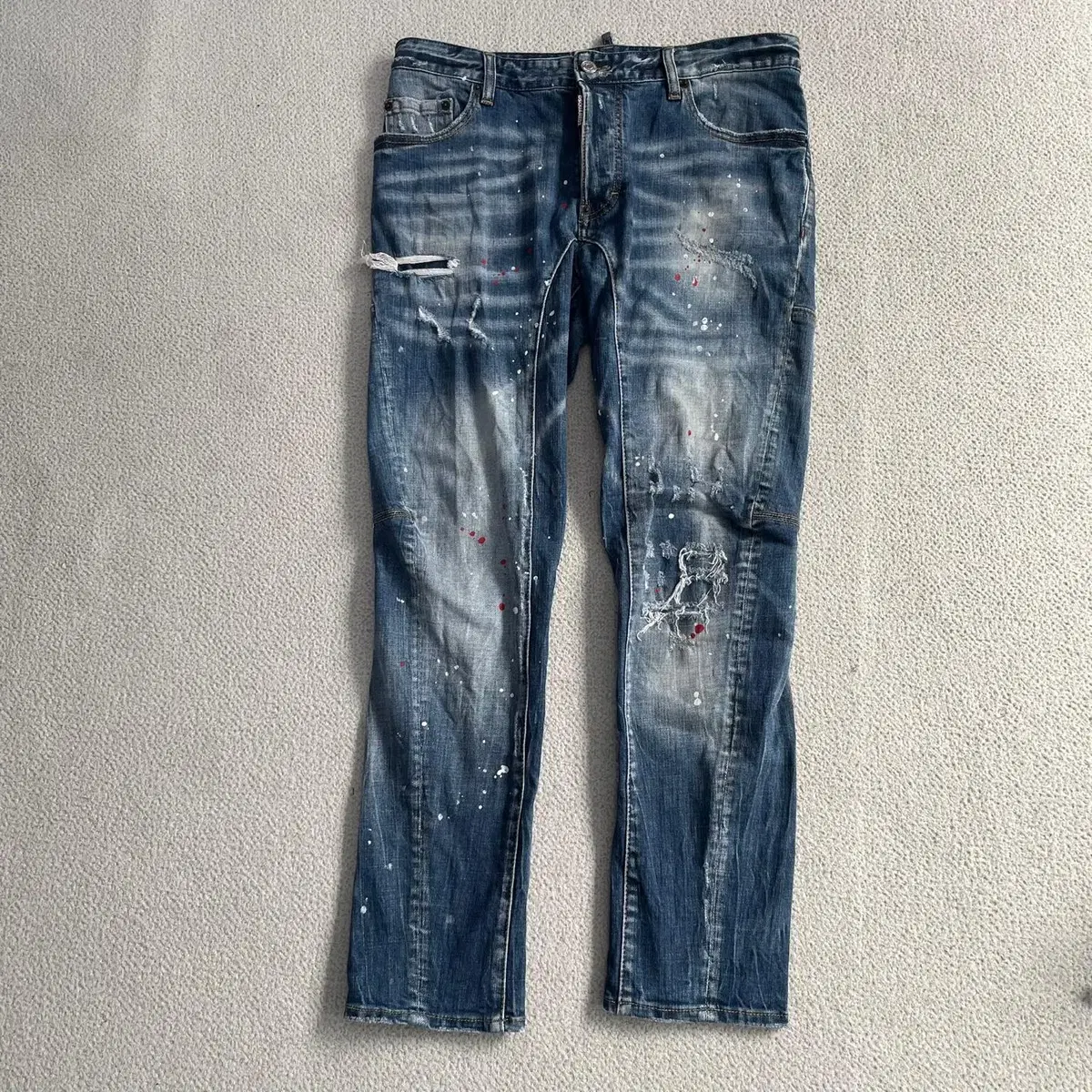 [50] Distressed 2 Medium Blue Wash Painted Denim Jeans N1663