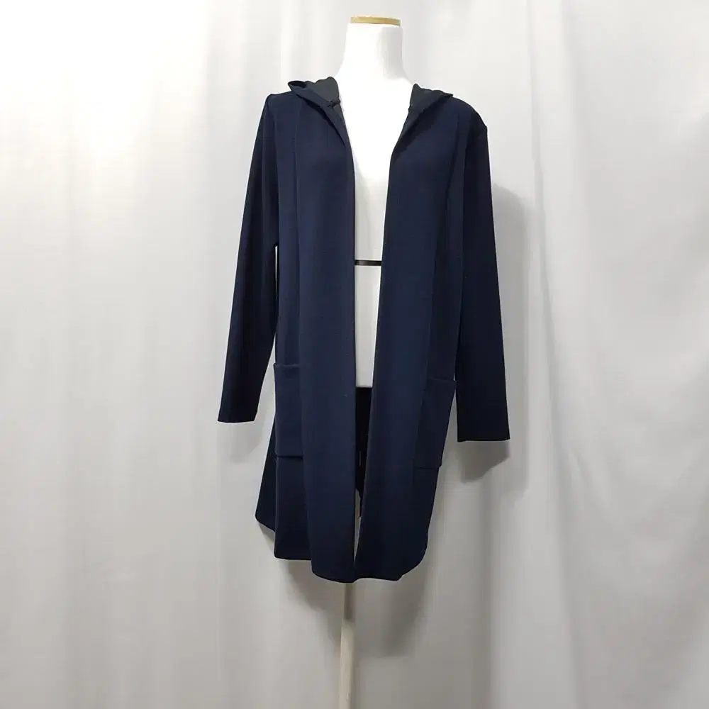 Vintage Navy Spandex Open-Back Half-Length Long-Sleeved Hooded Cardigan Women's F D243