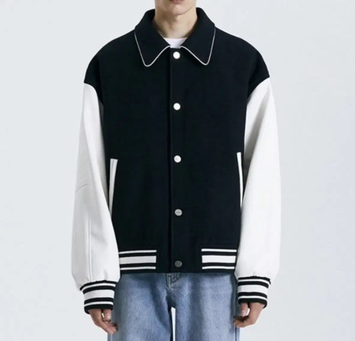 [NEW] TNGT Wool and Vegan Leather Varsity Jumper Bloo Jong