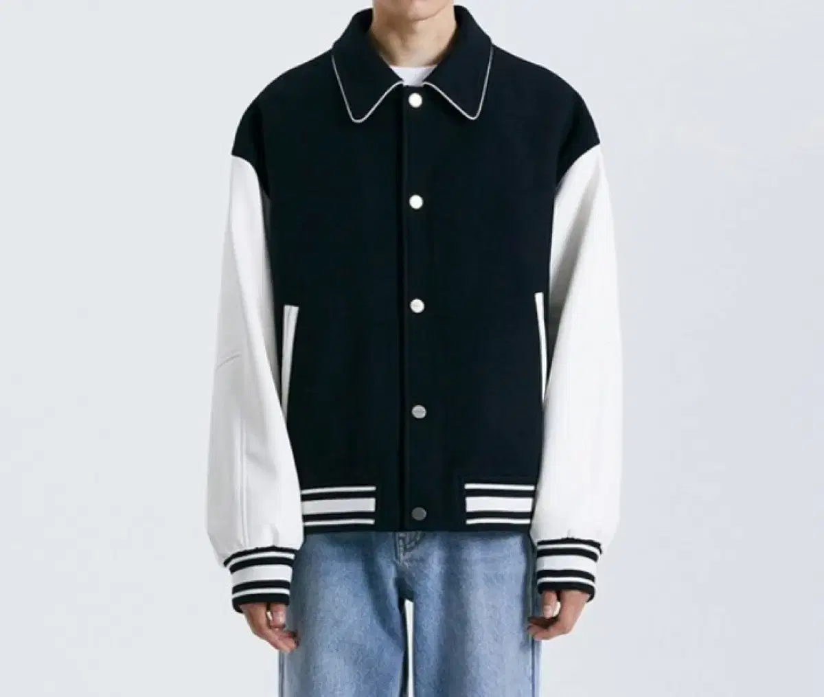 [NEW] TNGT Wool and Vegan Leather Varsity Jumper Bloo Jong