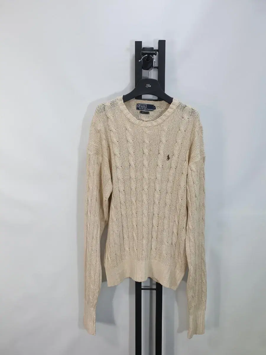 Polo Plaid Knit Cable Silk Sweater Oatmeal 100% Cotton