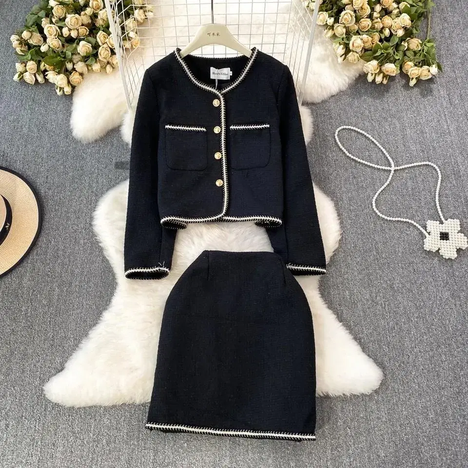 [Free Shipping] Black/White Tweed Jacket Skirt Set